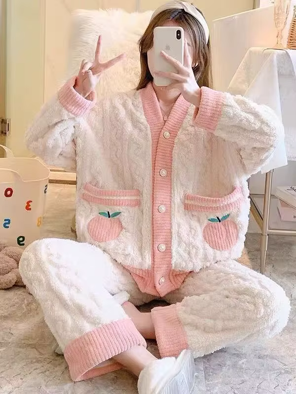 Ensemble de pyjama en polaire corail pour femme, collection automne-hiver, longue chemise de nuit ép