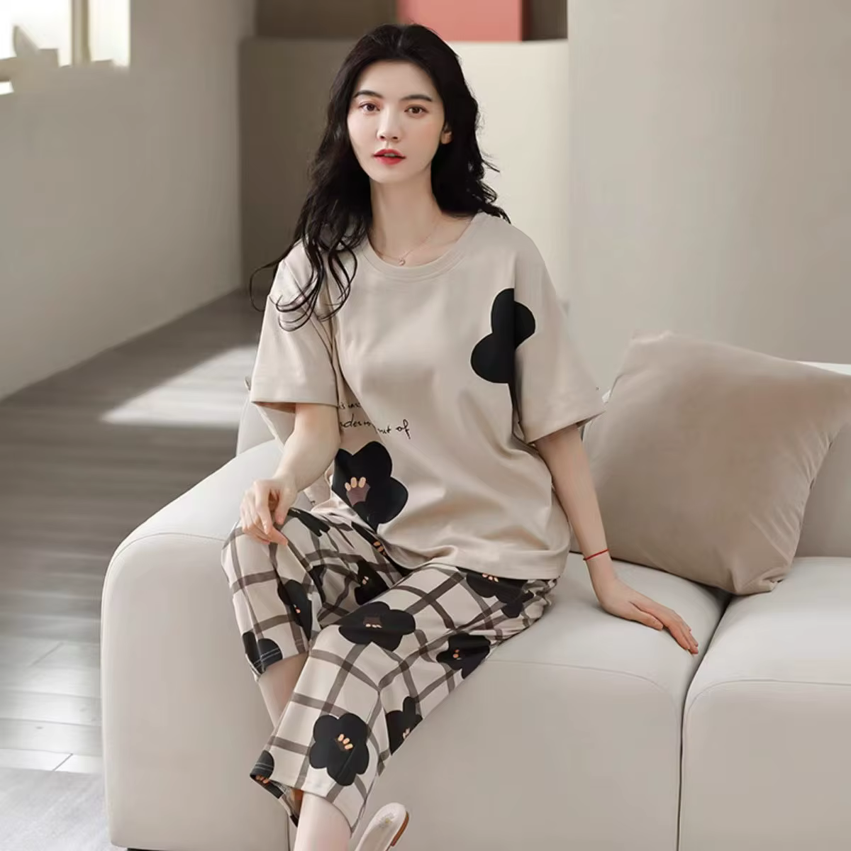 Pyjama d'été pour femme, ensemble décontracté et mignon avec short à manches courtes
