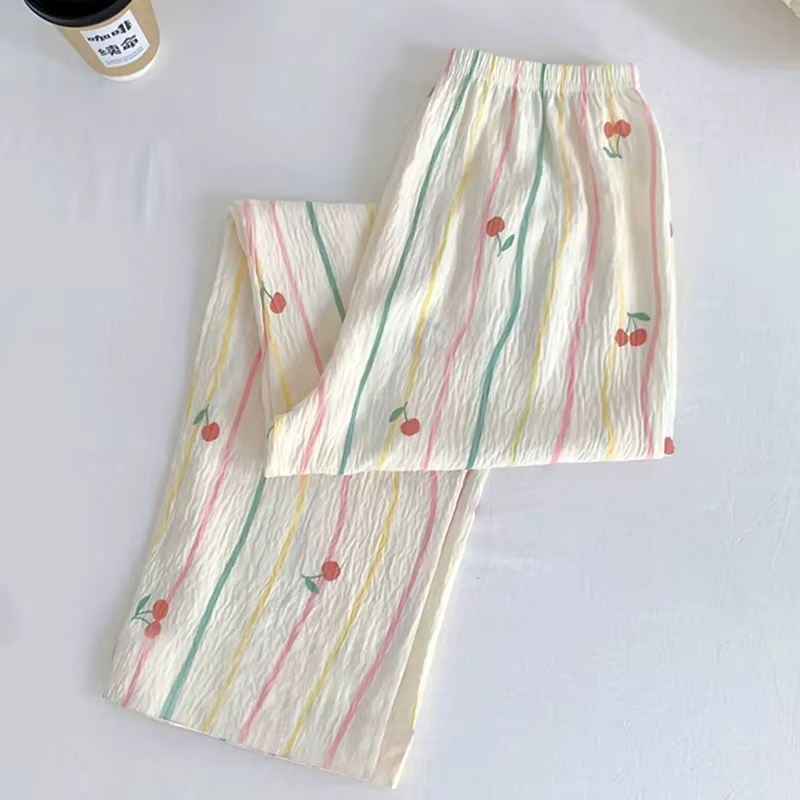 Pantalon de pyjama d'été pour femmes, blanc, ours de dessin animé, pantalon de salon fin, rayures ce