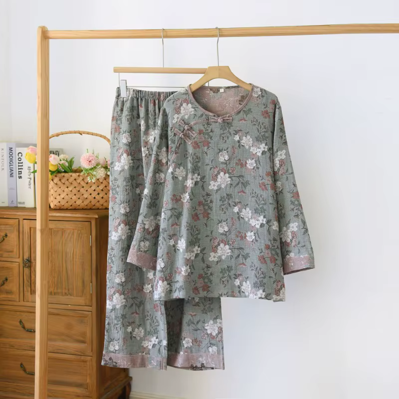 FjHome-Pyjama à manches longues pour hommes et femmes d'âge moyen, pyjama double couche, gaze teint