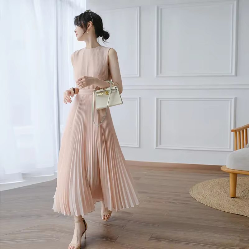 Robe longue plissée en mousseline de soie rose pour femme, tenue de soirée, tenue de bureau, sans ma