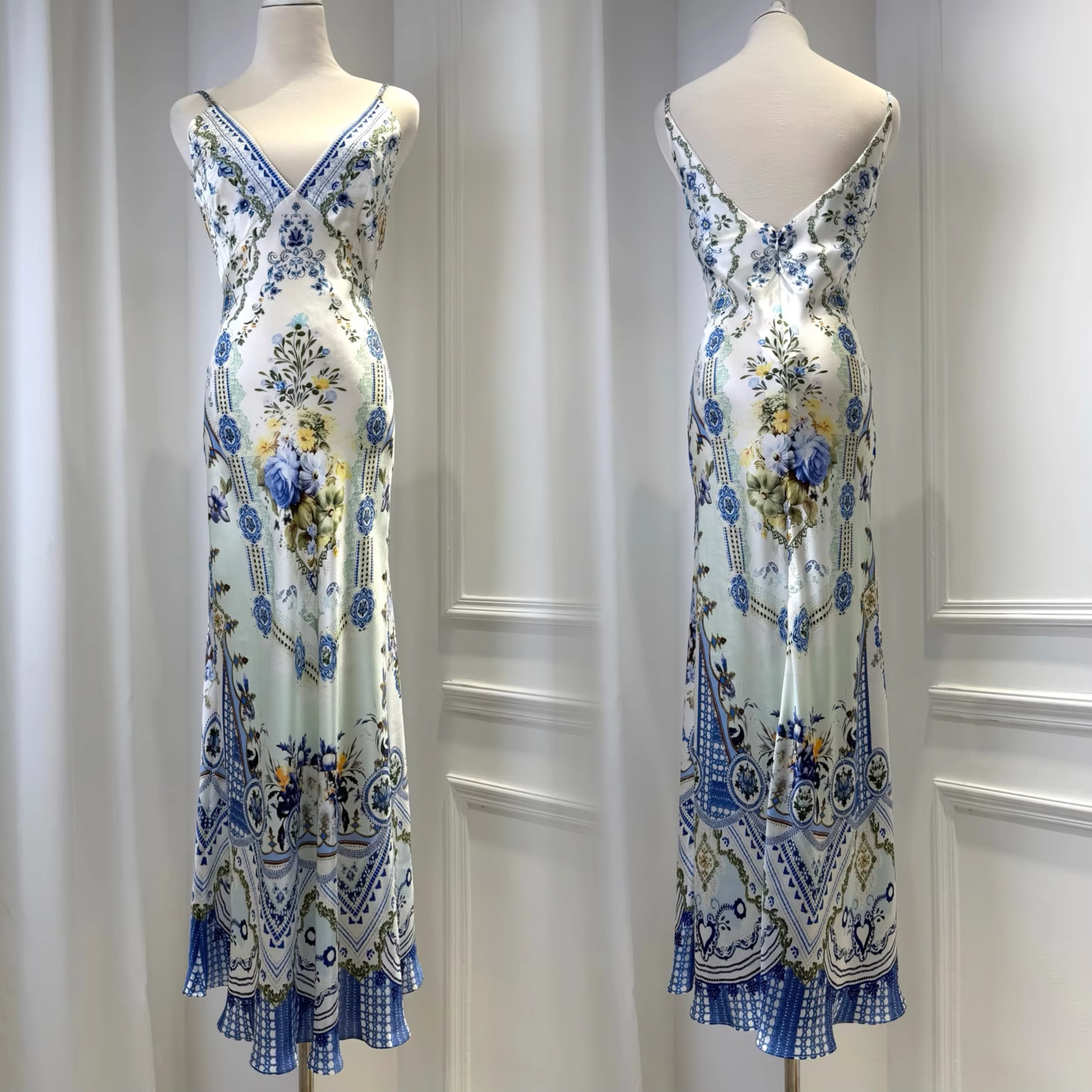 Robe longue en soie 100% pour femme, imprimé floral, dos nu, col en V, taille haute, élégante, robe 