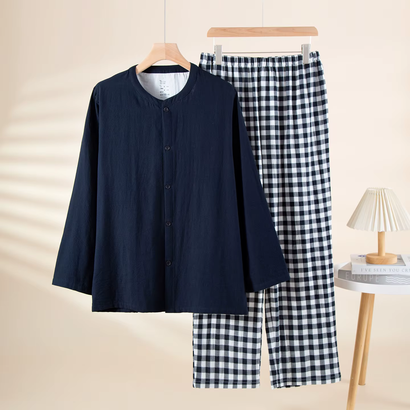 Ensemble pyjama à manches longues pour hommes, vêtements de nuit respirants en coton lavé doux, haut