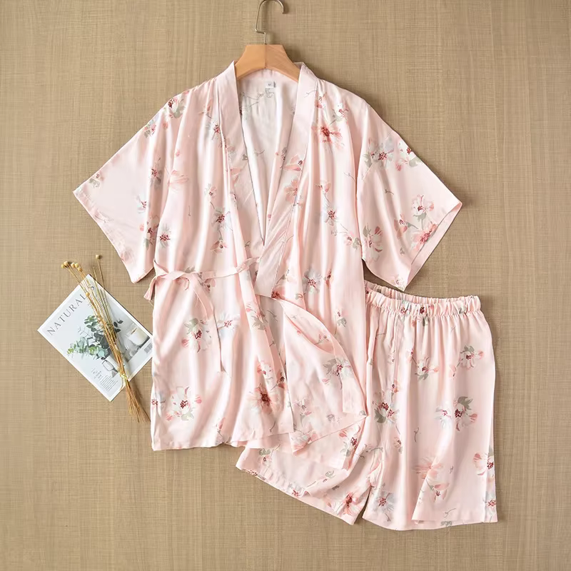 Ensemble Kimono Japonais Rose à Manches Courtes pour Femme, Pyjama d'Été en Fibre de Viscose, Vêteme