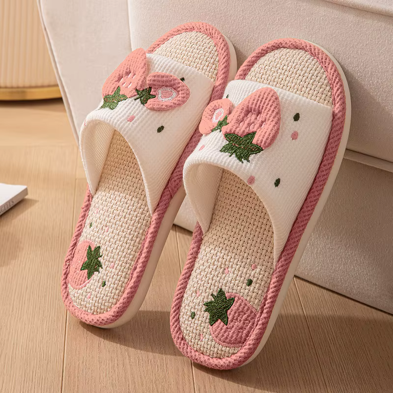 Pantoufles d'intérieur en lin à motif fraise pour femmes et filles, à bout ouvert, de créateur, d'ét