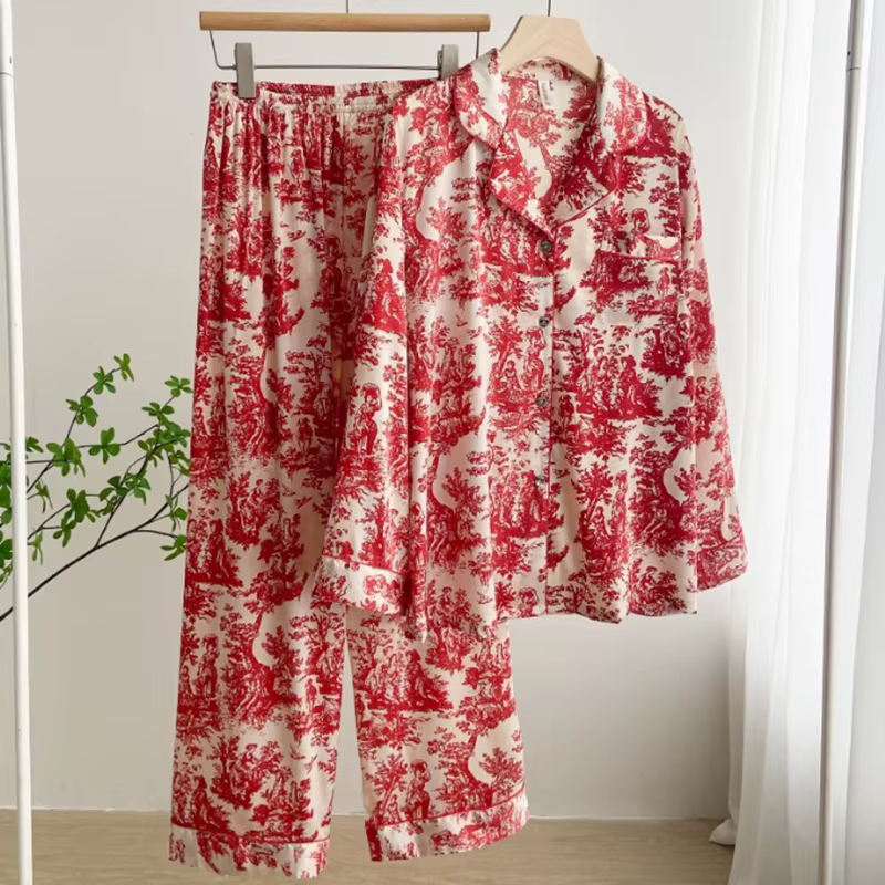 Nouvel ensemble pyjama 2 pièces printemps-automne, broderie rayée rose, vêtements de nuit, tenue déc