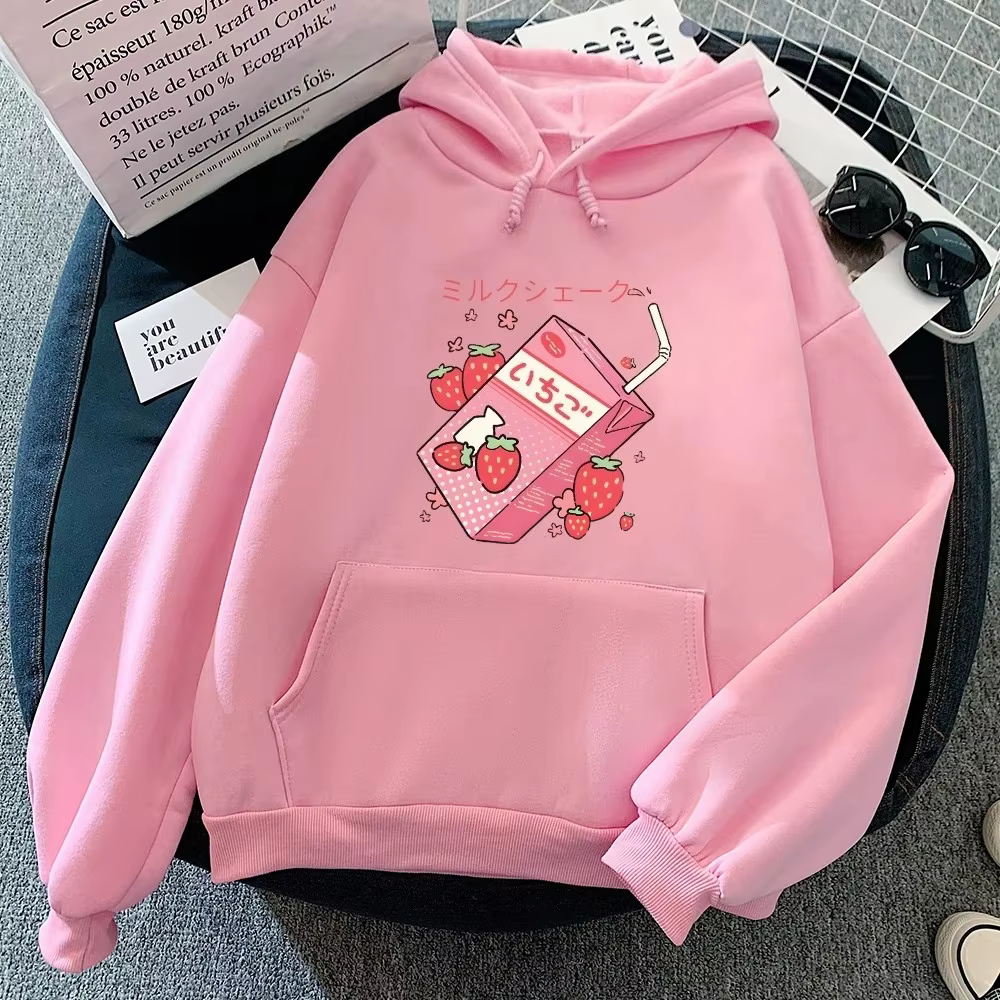 Sweat à capuche au lait de fraise pour femmes, vêtements esthétiques Harajuku, automne hiver, sweat-