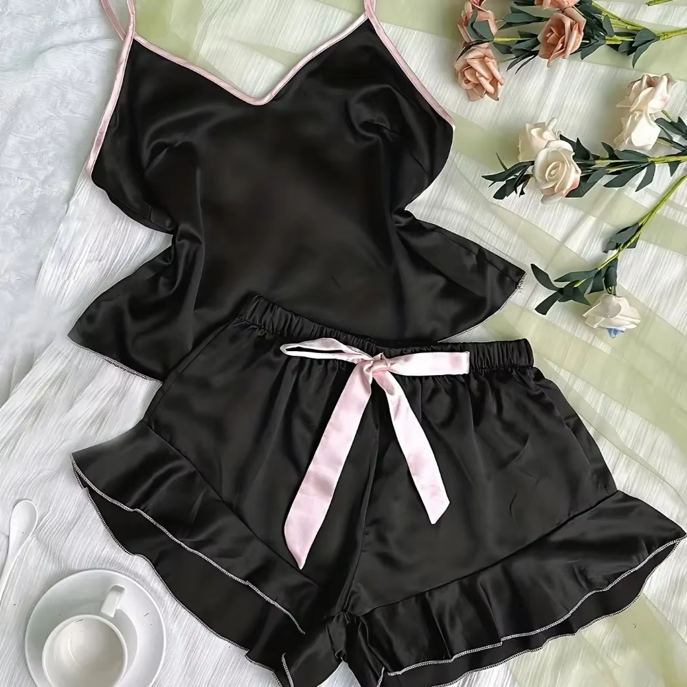 Pyjama en Satin lisse pour femmes, haut à col en v, bords à volants et short à nœud, ensemble pyjama
