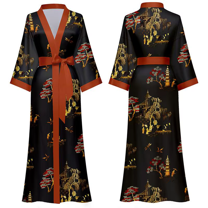 Nouveau printemps été femmes longue Robe Kimono peignoir Robe Sexy noir pyjama imprimé chemise de nu