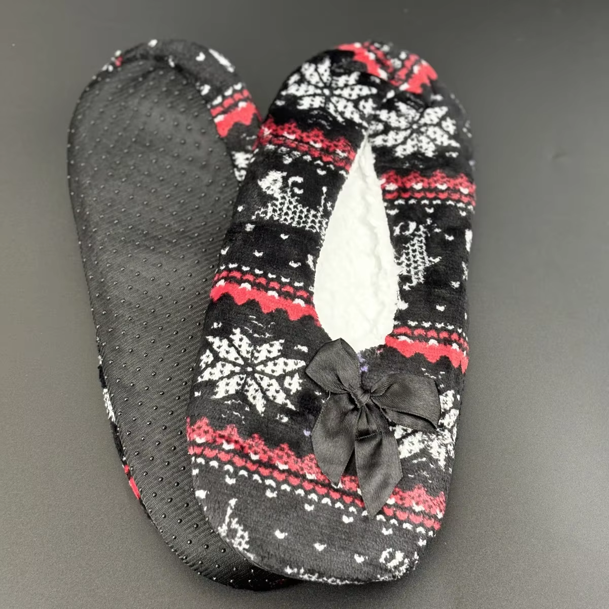 Pantoufles de noël pour femmes, nœud papillon, flocon de neige, hiver, chaud, épais, poignée en four