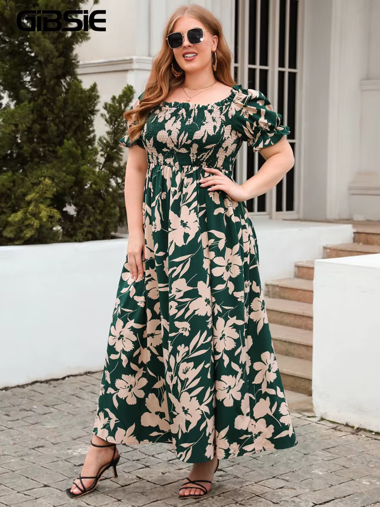 GIBSIE-Robe longue à manches bouffantes et col carré pour femme, maxi, imprimé floral, style bohème,