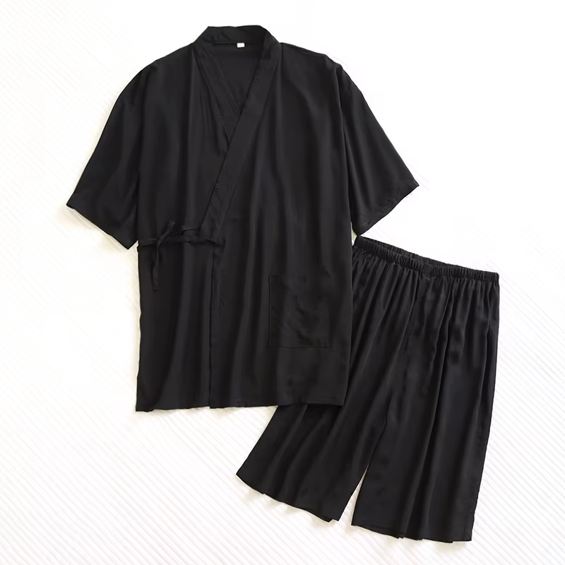 Pyjama Kimono en coton artificiel pour hommes, couleur unie, Short d'été à manches courtes, ensemble