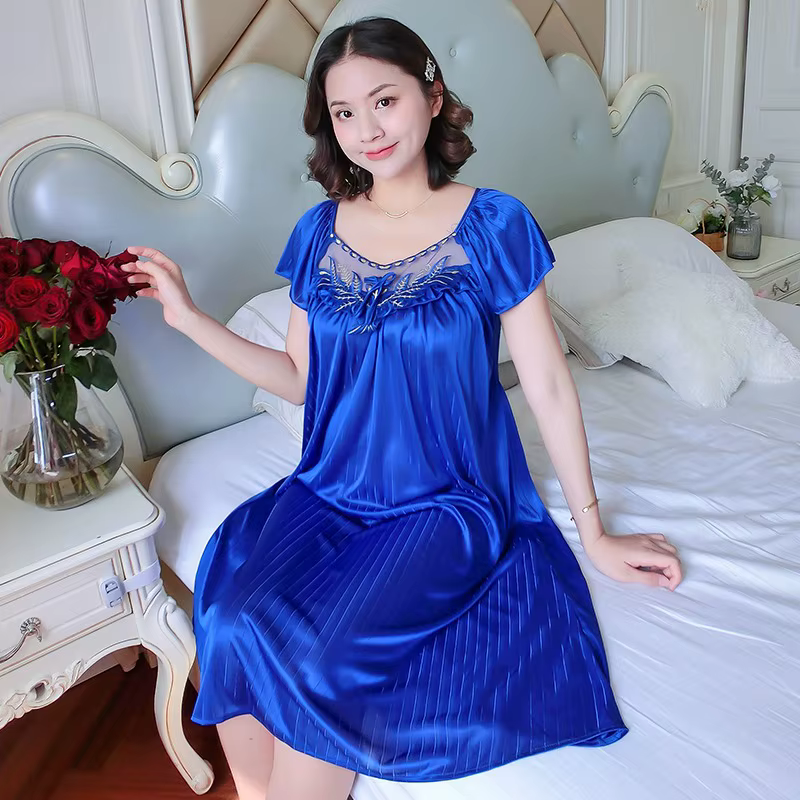 Dames glace soie chemises de nuit robe de nuit longueur moyenne à manches courtes chemise de nuit vê