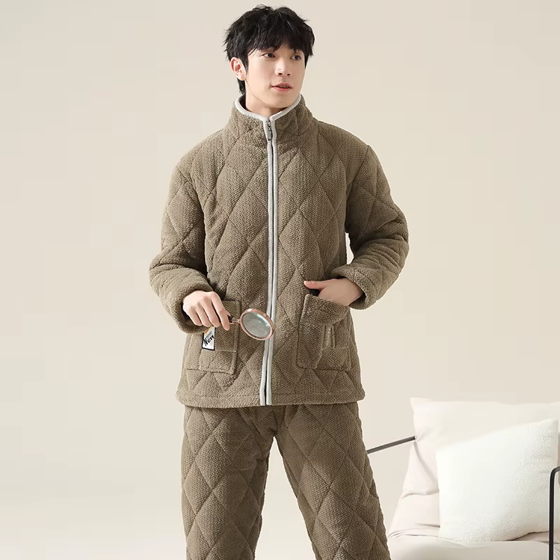 Le plus récent hiver pyjamas ensemble hommes épais 3 couches pince coton vêtements de nuit costumes 