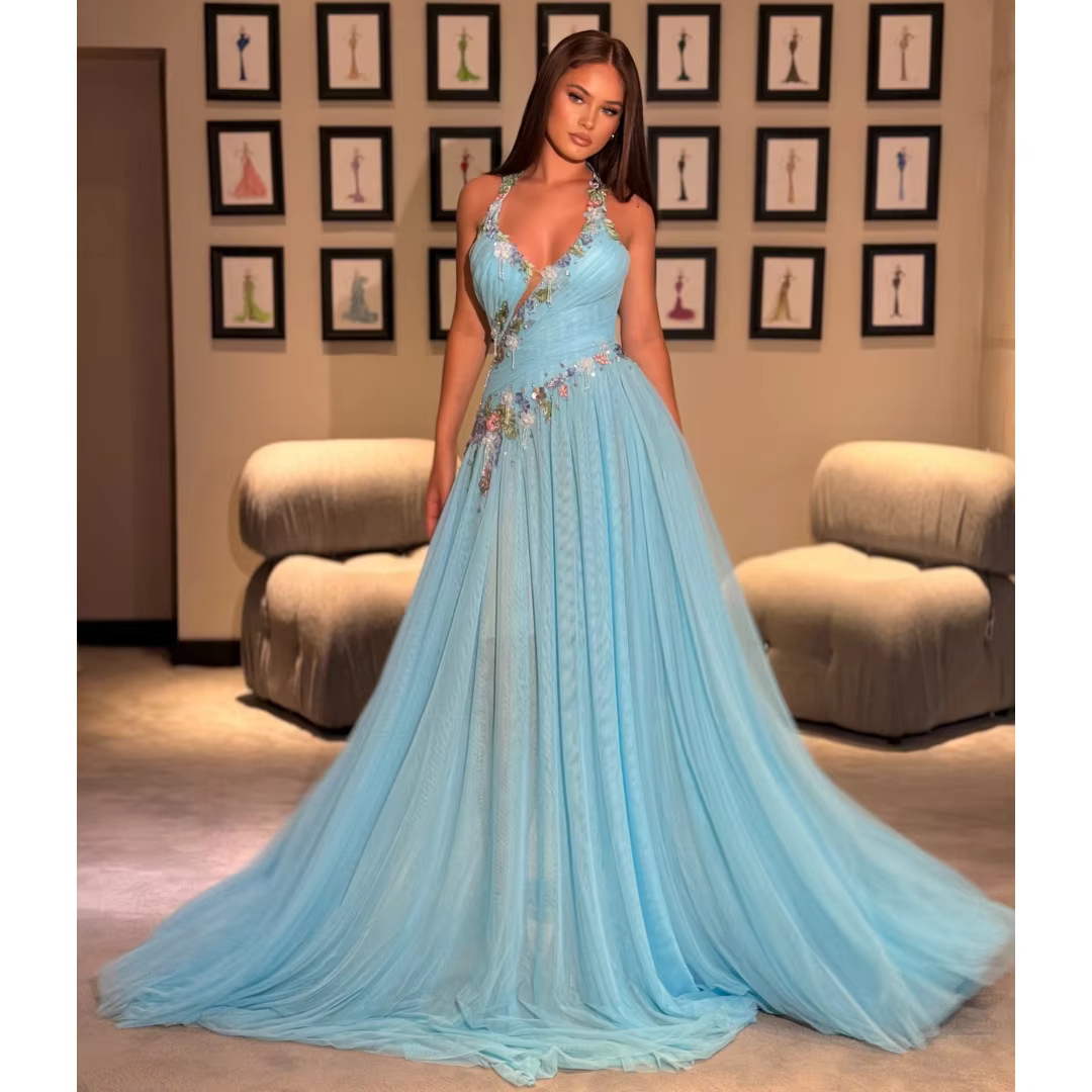Robes de Soirée Élégantes à Col Halter, Robe de Bal Florale Pailletée, Jupe Froncée, Robe de Fête Fl