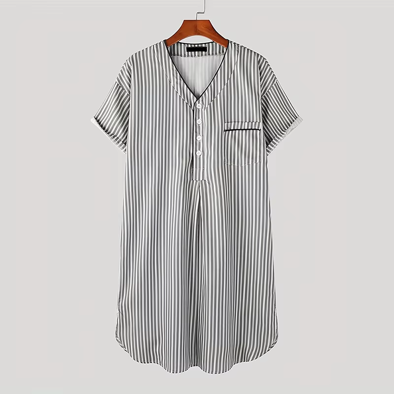 Pyjama décontracté pour homme à manches courtes, col en V, robe de nuit rayée, ample, de qualité sup