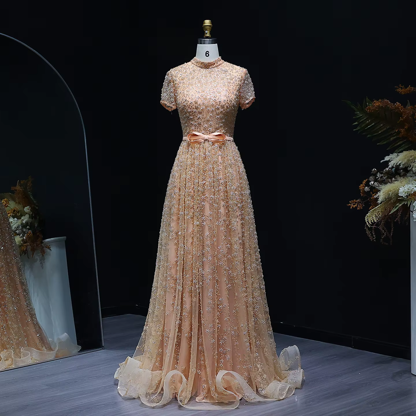 Sharon Said – robe de soirée élégante brodée pêche, avec nœud, luxe, perles, pour femmes arabes, rob
