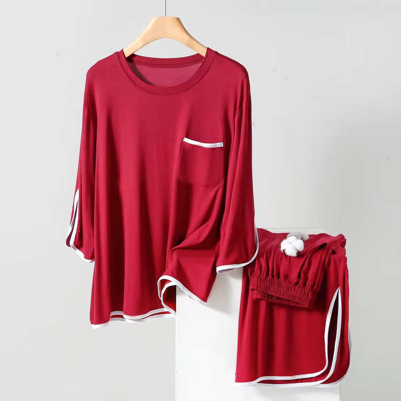 Pyjama en modal pour femmes, pyjama printemps-été, col rond, pantalon ample à manches 3/4, ensemble