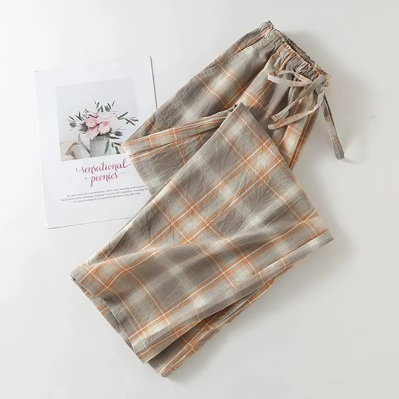 Pantalon de pyjama en coton lavé, jambe droite, vêtements de nuit décontractés à carreaux pour Coupl