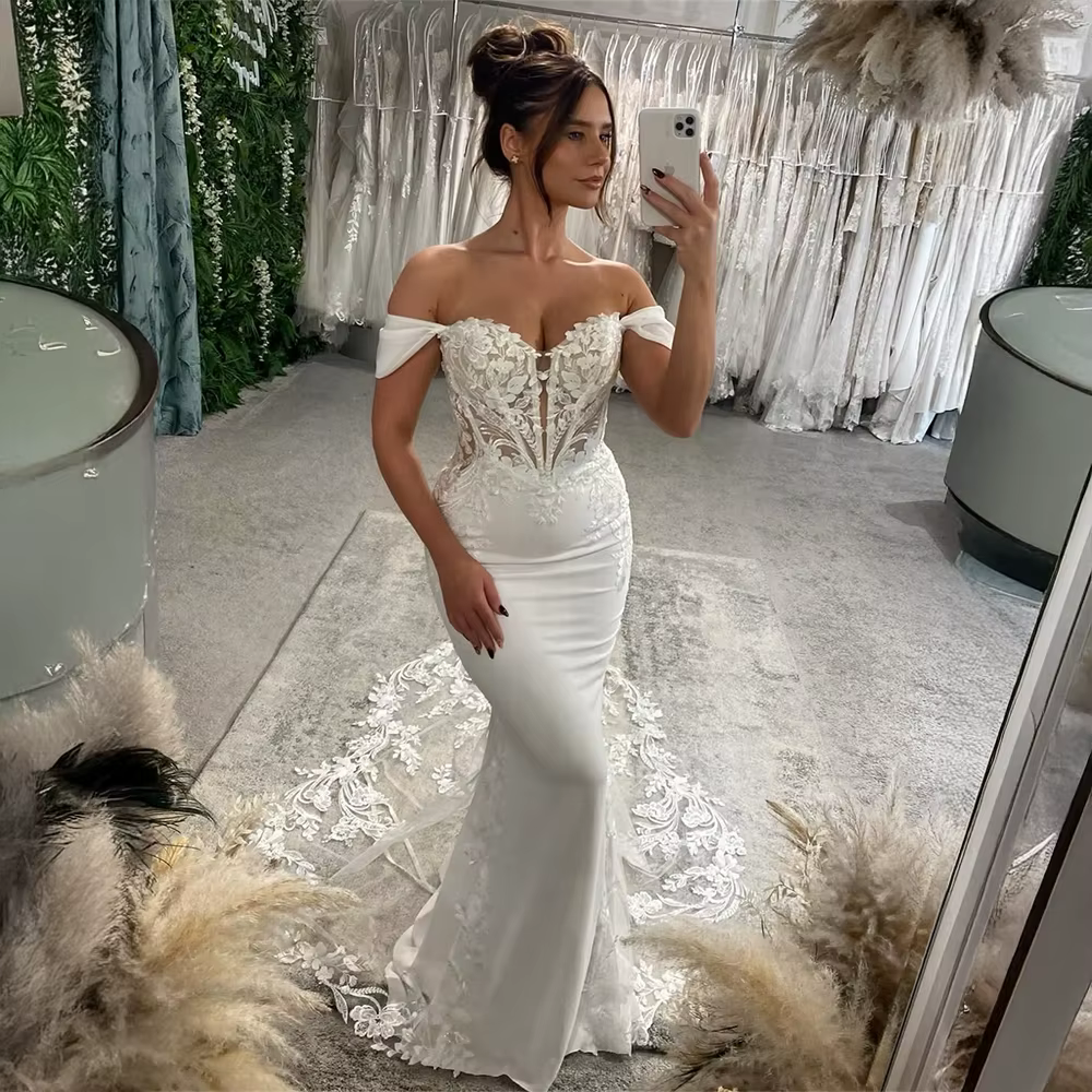 Robe de mariée sirène en dentelle personnalisée, Bustier transparent en Satin, coupe cintrée, robe d