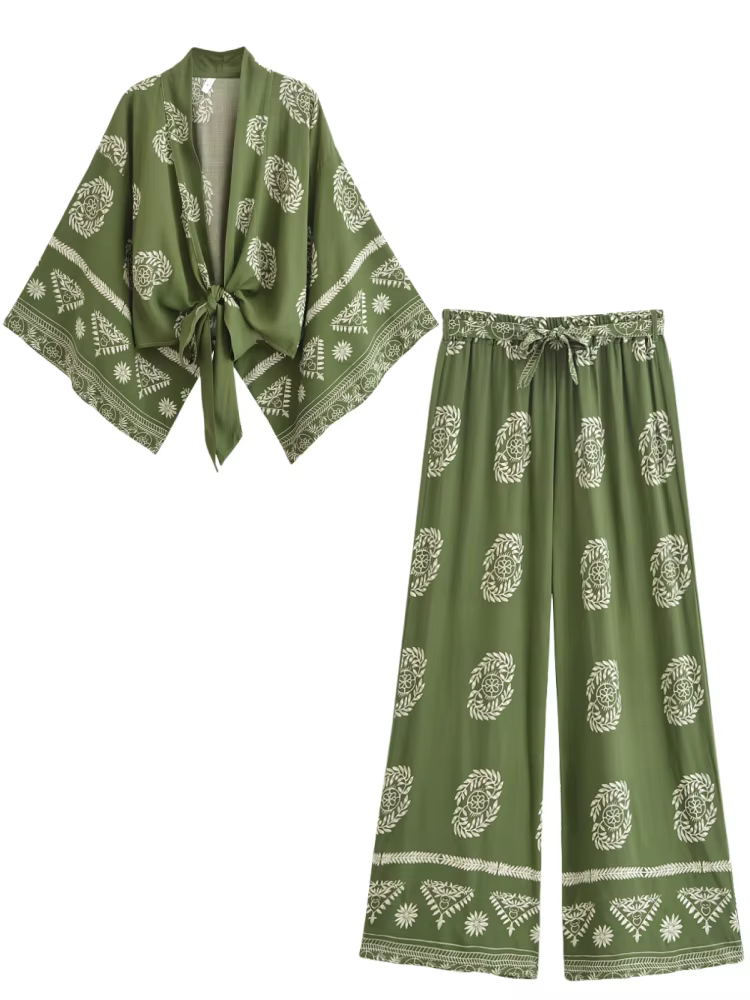 Vintage Chic femmes blanc imprimé fleuri tenues Kimono Robe bohème tenues pantalon à jambes larges 2