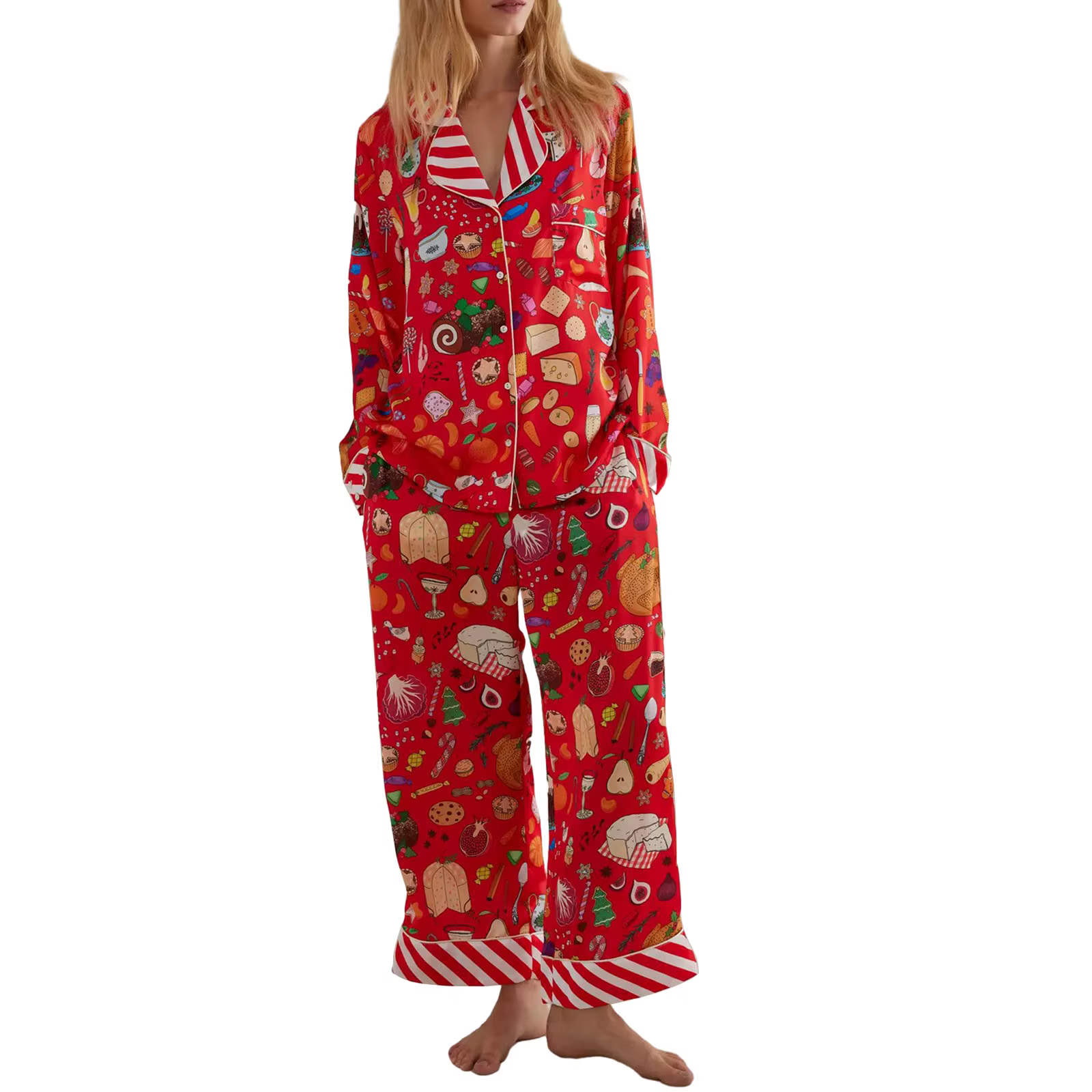 Ensemble pyjama de noël pour femmes, imprimé Animal alimentaire, manches longues, fermeture à bouton