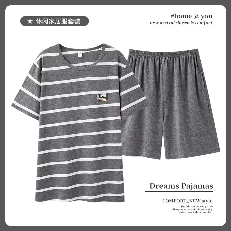 Ensemble pyjama d'été pour hommes, manches courtes, rayé, dessin animé, short décontracté, vêtements