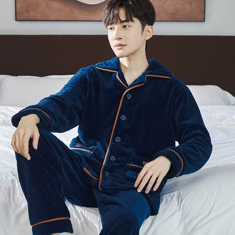 Pyjama en flanelle pour homme, ensemble 2 pièces, épais et chaud, manches longues, vêtements de mais