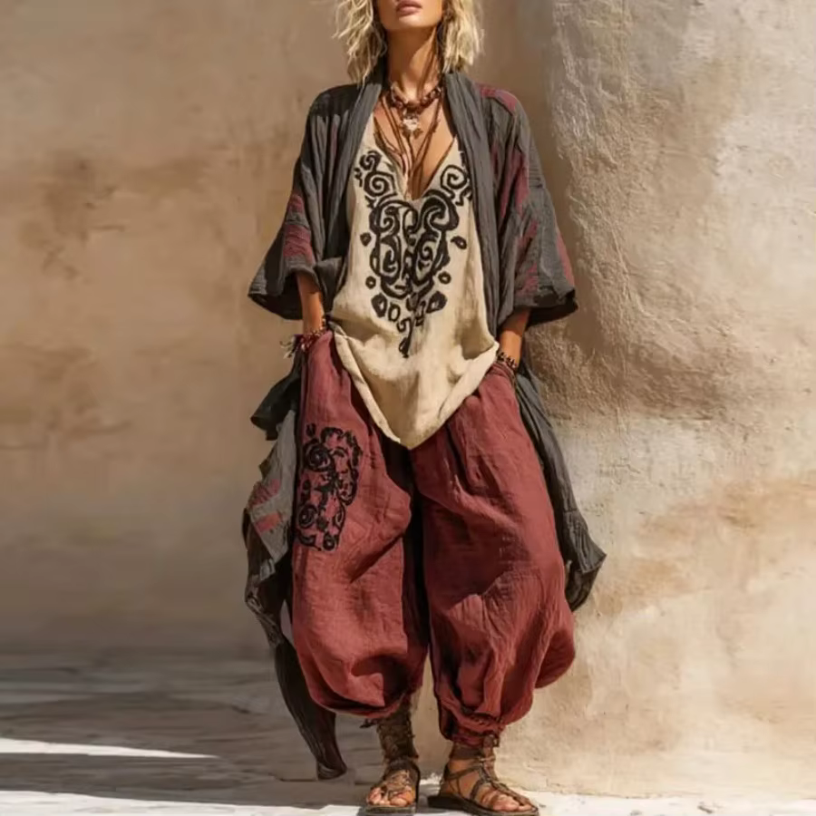 Ensembles Robes Printemps-Été pour Femmes : Kimono Bohème Ouvert sur le Devant, Haut Imprimé Rétro a