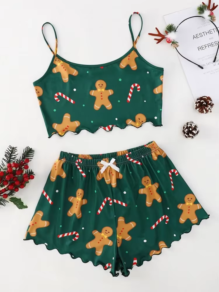 Ensemble pyjama imprimé élément père noël pour femmes, vêtements de nuit, 2 pièces, hauts courts et 