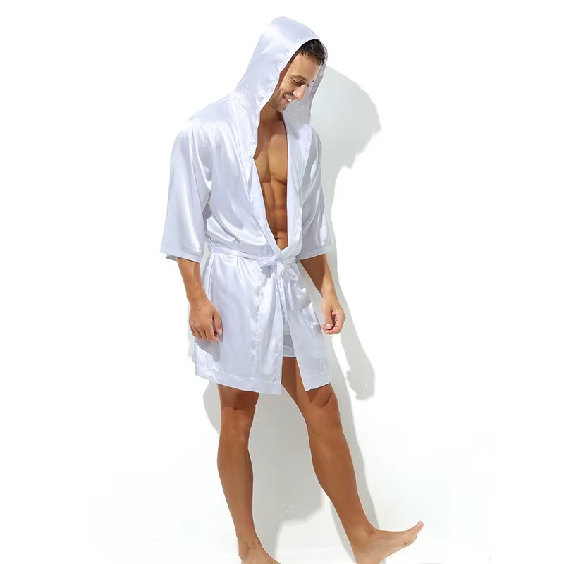 Homme Robe à capuche soie Satin Kimono vêtements de nuit demi manches peignoir Robe chemise de nuit 