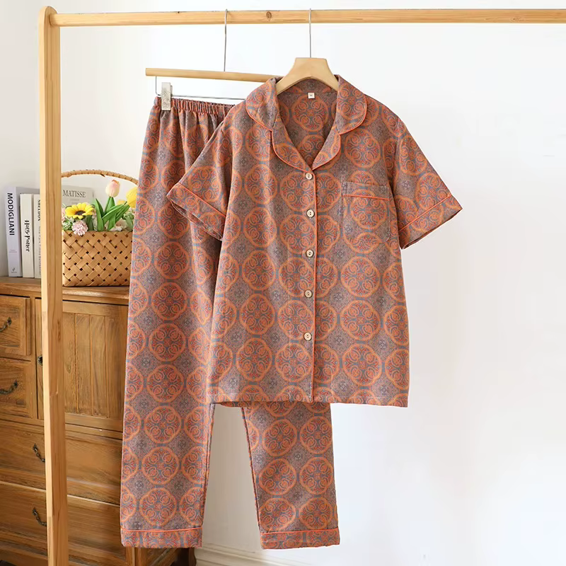 Summer Pijama Cotton Pajamas Set Middle Aged Mother Women 2 Piece Set Outfit Jacquard Home Wear Trou