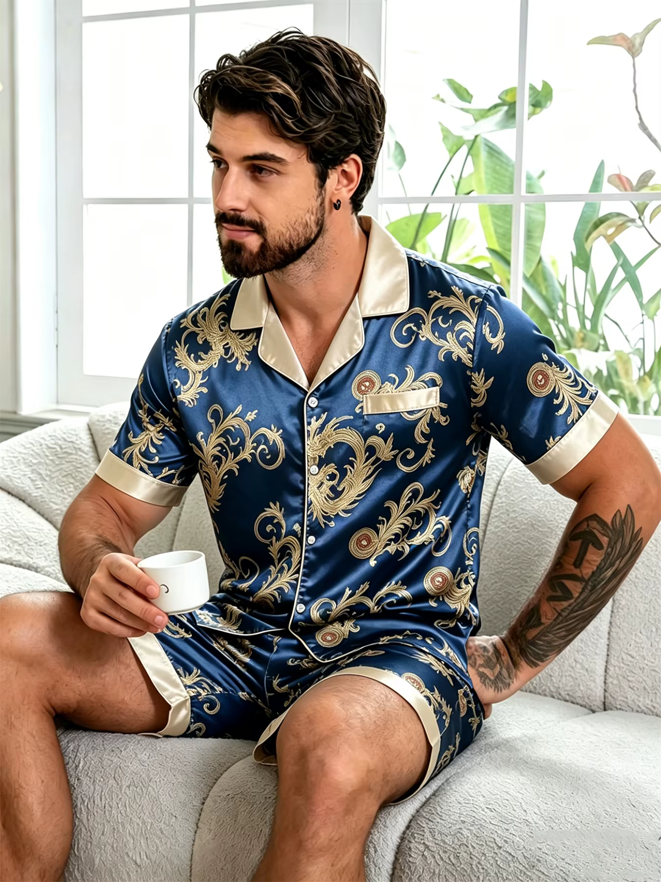 Ensemble de pyjama en satin pour homme, imprimé cachemire, manches courtes, boutonné, vêtements de d