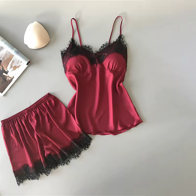 Pyjama en dentelle sexy pour femmes, vêtements de nuit à col en V, lingerie décontractée