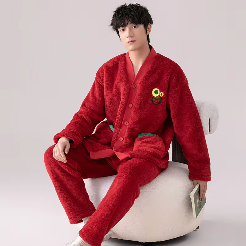 Ensemble de pyjama à col en V solide pour couple, vêtements de nuit chauds pour les amoureux, femmes