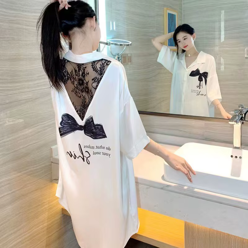 Chemise de nuit décontractée à motif nœud papillon pour femmes, avec revers en dentelle, grande tail