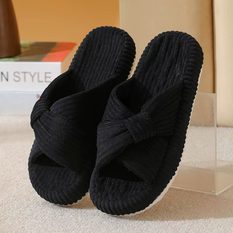 Pantoufles de maison à bretelles croisées en velours côtelé pour femmes, diapositives d'intérieur lé