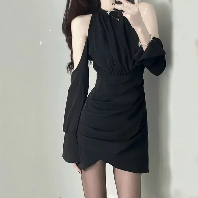 Robe noire courte à manches longues pour femmes, Mini Sensuelle, Tenues Femme, Sexy, Élégante, Aole 