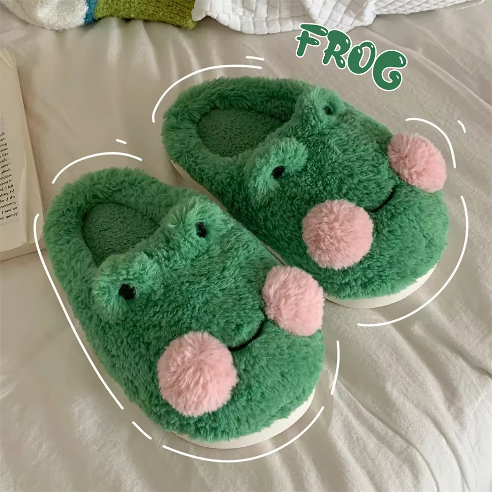 Pantoufles en coton grenouille de dessin animé pour hommes et femmes, chaussures chaudes d'hiver, se