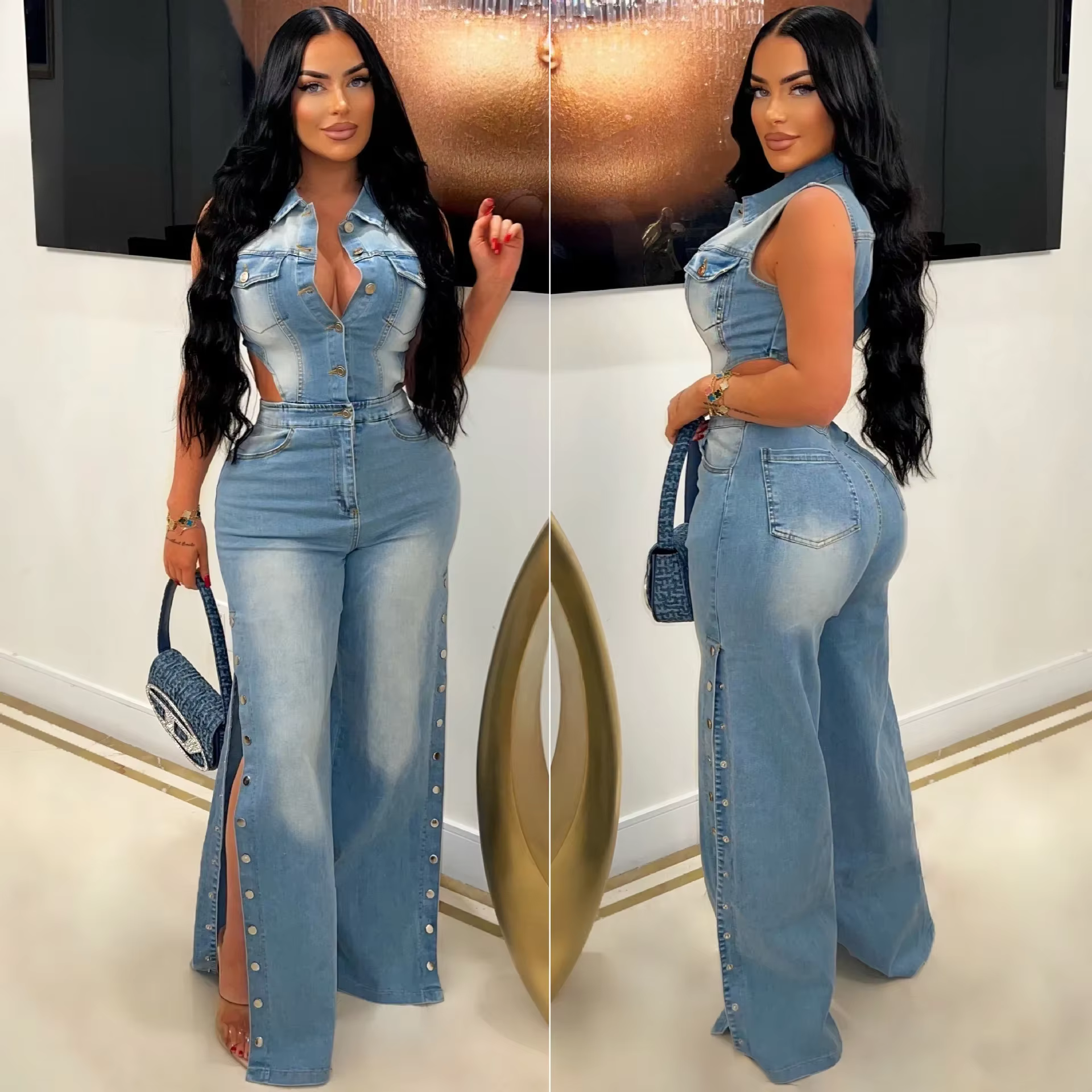 Combinaisons en denim pour femmes, une pièce, col rabattu, salopette, gaine, sexy, droite, longue, p