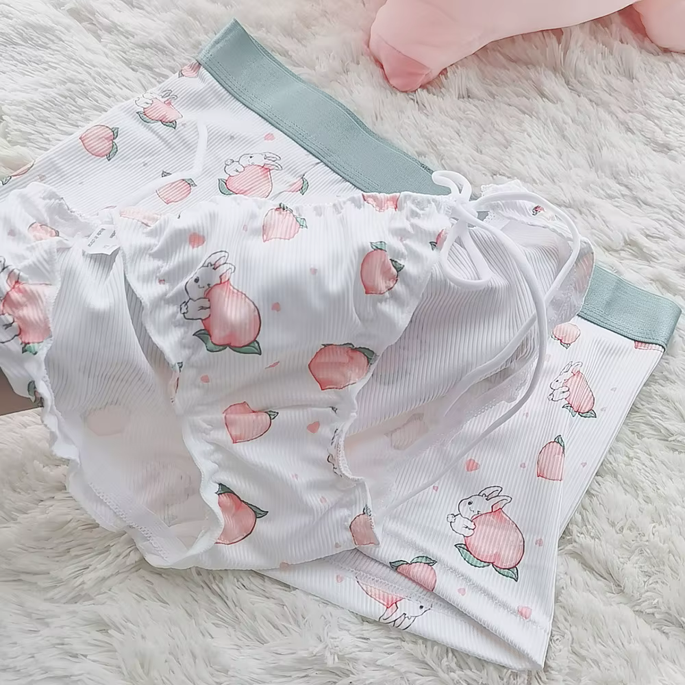2 pièces mignon Couple ensemble de sous-vêtements hommes Boxer Shorts Loli dentelle culotte fil coto