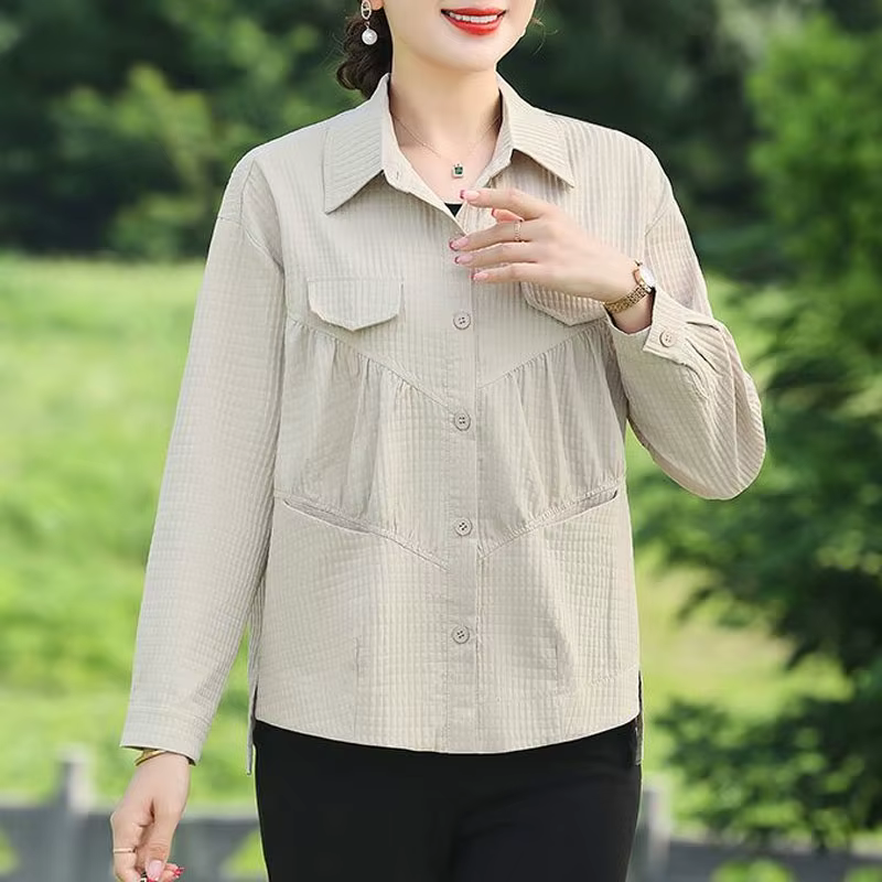 Chemise à simple boutonnage pour femmes, chemisier épissé, plis, col polo, décontracté, monochromati