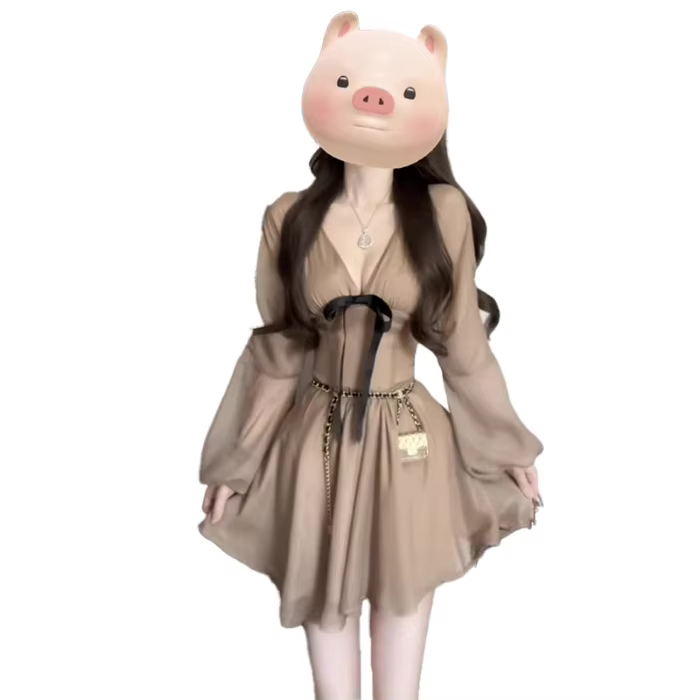 Robe en mousseline marron à col en V et nœud papillon pour femme, style élégance française d'été, ci