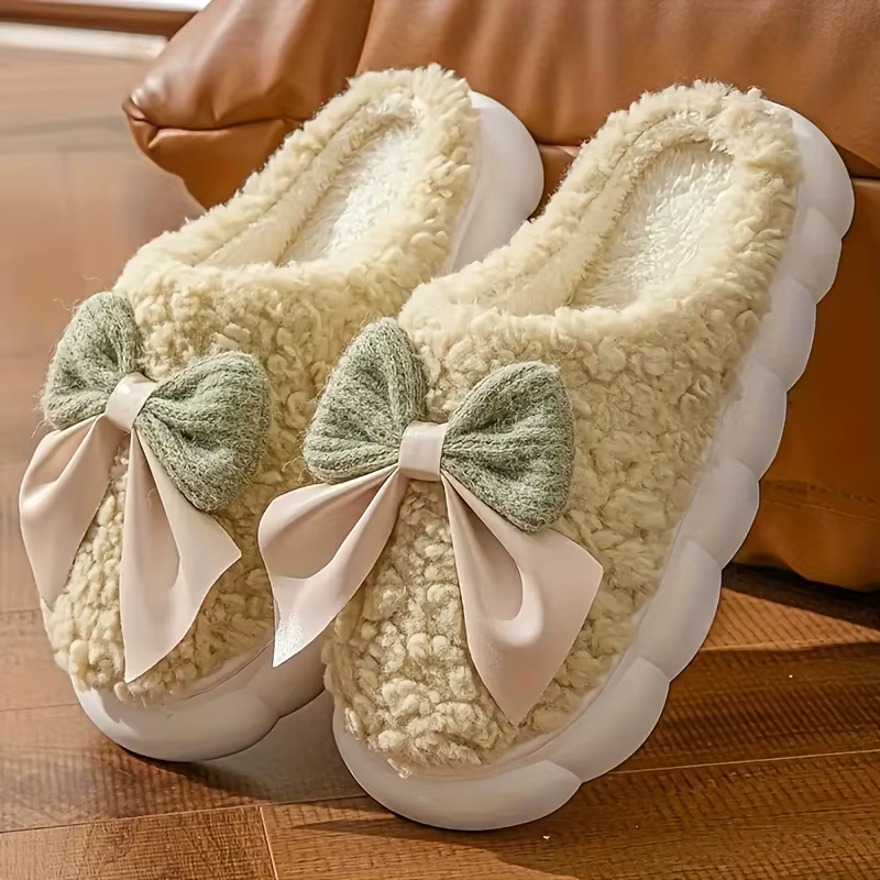 Pantoufles doublées de polaire avec nœud pour femmes, semelle souple, vêtements silencieux, confort 