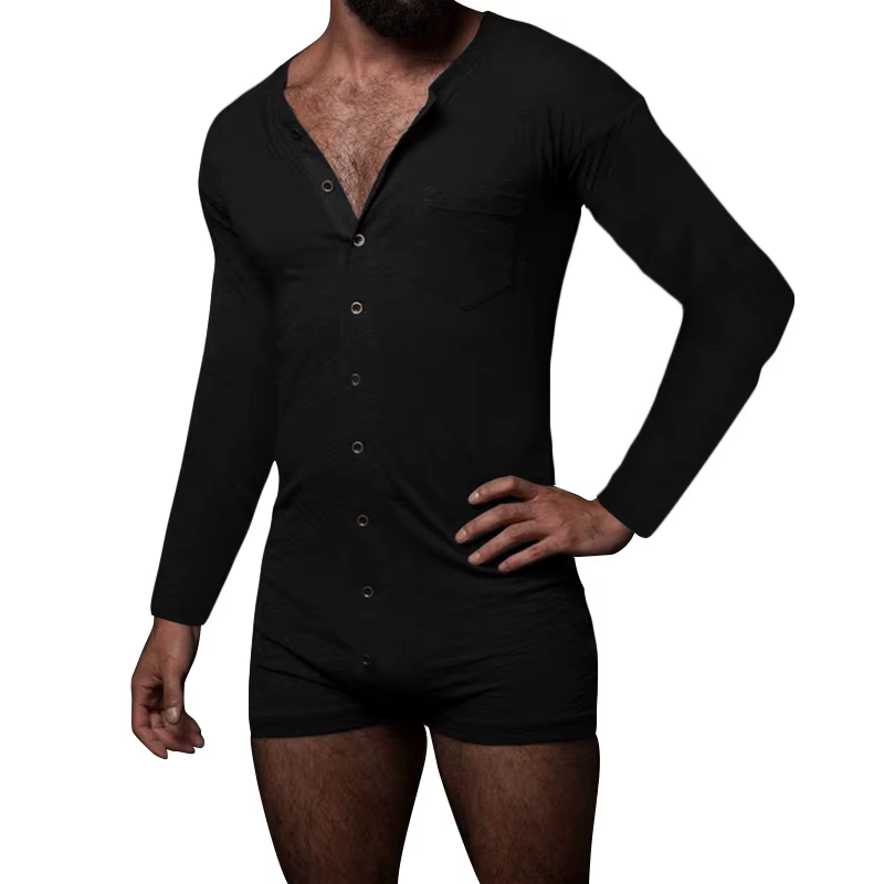 Pyjama une pièce pour hommes, body solide, vêtements de maison, simple boutonnage, manches longues,