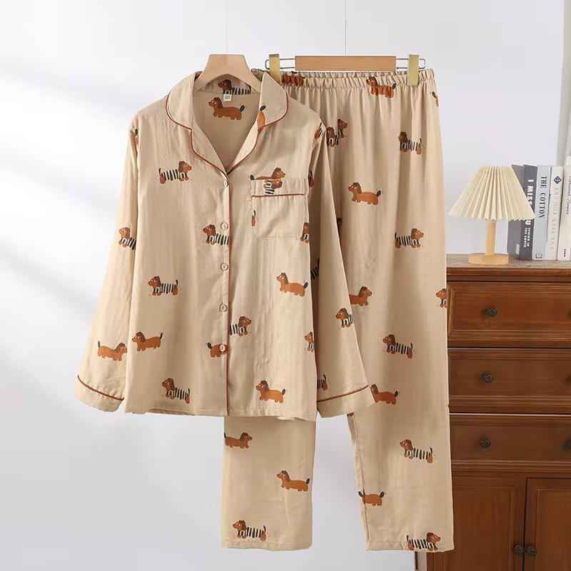 Pyjama en coton pour couple, femme et homme, imprimé teckel de dessin animé, ensemble deux pièces, h