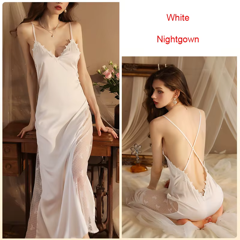 Kimono dos nu en satin pour femme, robe de nuit sexy, chemise de nuit en patchwork de dentelle, vête