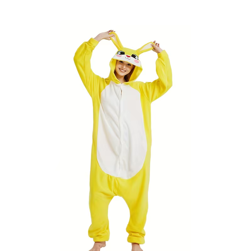 Pyjama Kigurumi une pièce à capuche pour femme, motif lapin jaune, costume de cosplay animal adulte,
