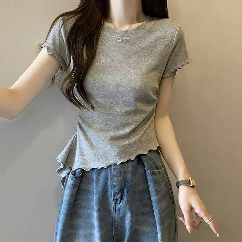 T-shirt en tricot marron avec ourlet à volants et manches courtes pour femme, tenue décontractée quo