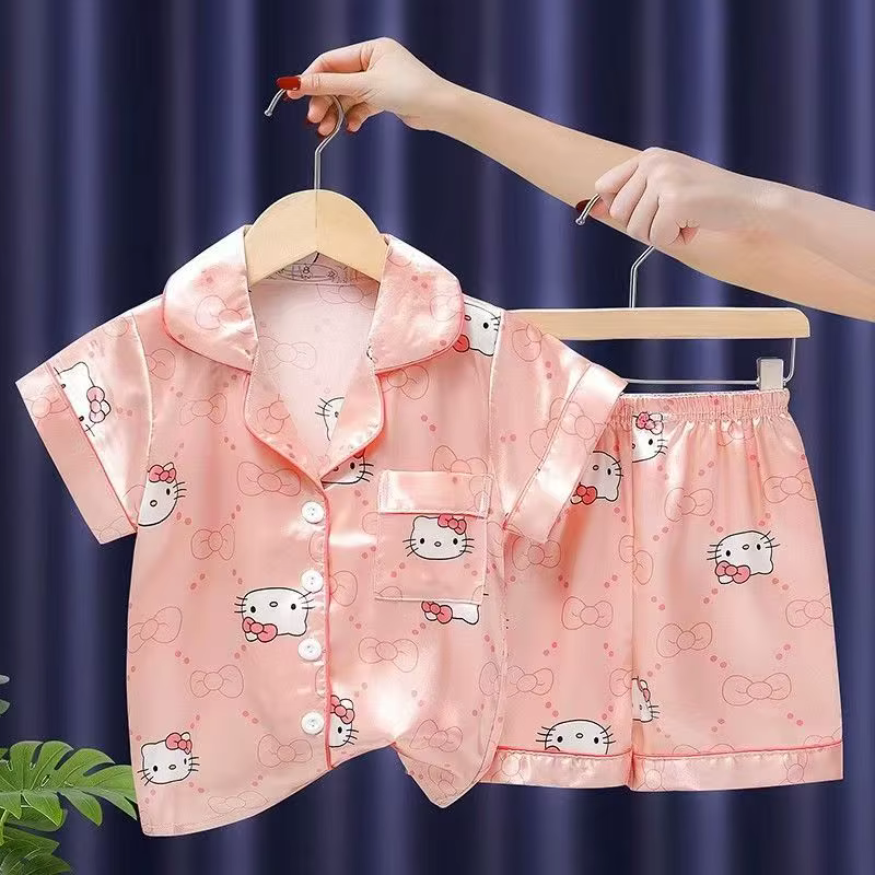Ensemble pyjama Sanrio Hello Kitty Kuromi pour enfants, 2 pièces, dessin animé, en soie glacée, haut